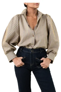 A Shirt Thing Charlotte Chenille Stripe Shirt in Putty