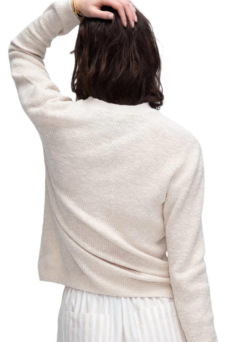 ATM Cotton Blend Pintuck Detail Crew Neck Sweater in Chalk