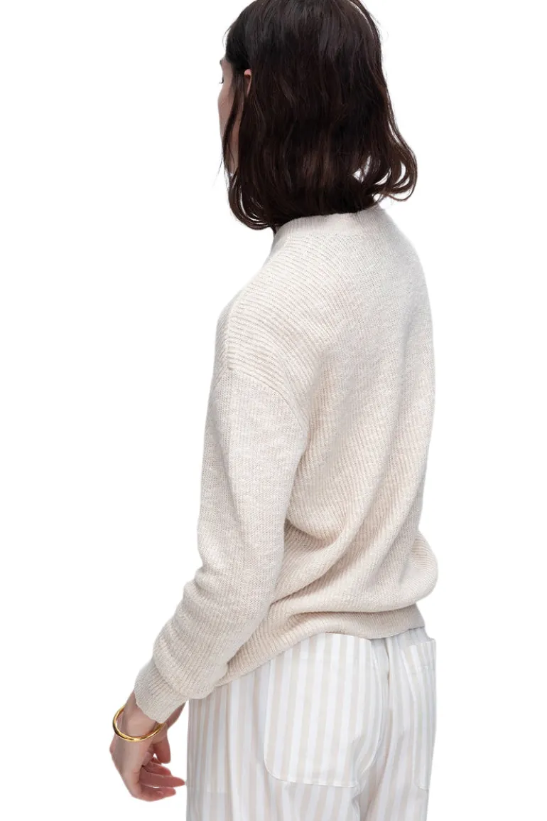 ATM Cotton Blend Pintuck Detail Crew Neck Sweater in Chalk