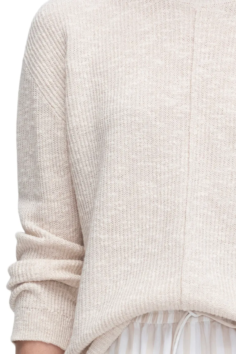 ATM Cotton Blend Pintuck Detail Crew Neck Sweater in Chalk