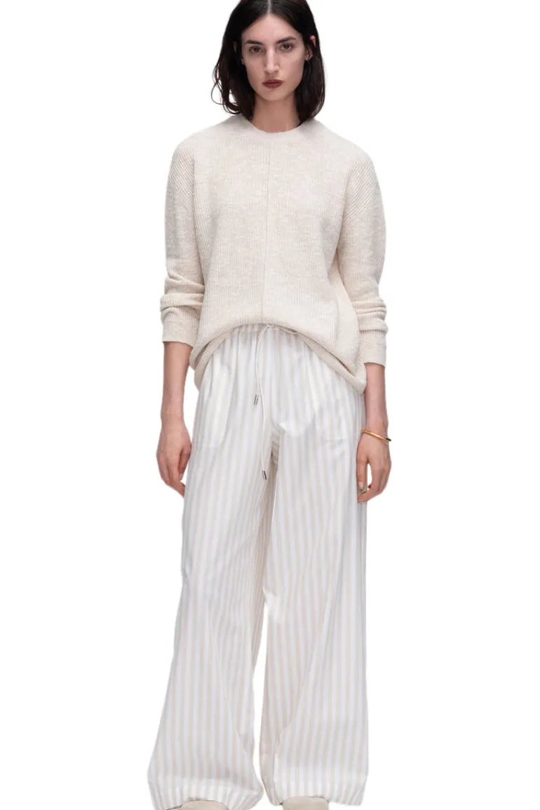 ATM Cotton Blend Pintuck Detail Crew Neck Sweater in Chalk