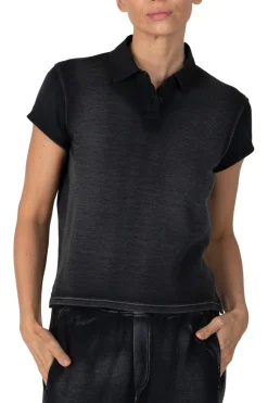 ATM Pique Mixed Media Short Sleeve Top in Black