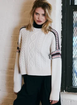 Autumn Cashmere Cable Crew Fair Isle Racing Stripe in Snow Combo