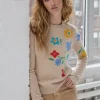 Autumn Cashmere Floral Crewneck with Crochet Detailing in Basket Multi