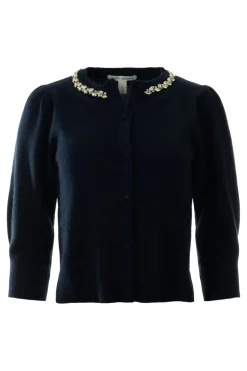 Autumn Cashmere Rhinestone Trimmed Puff Sleeve Cardigan