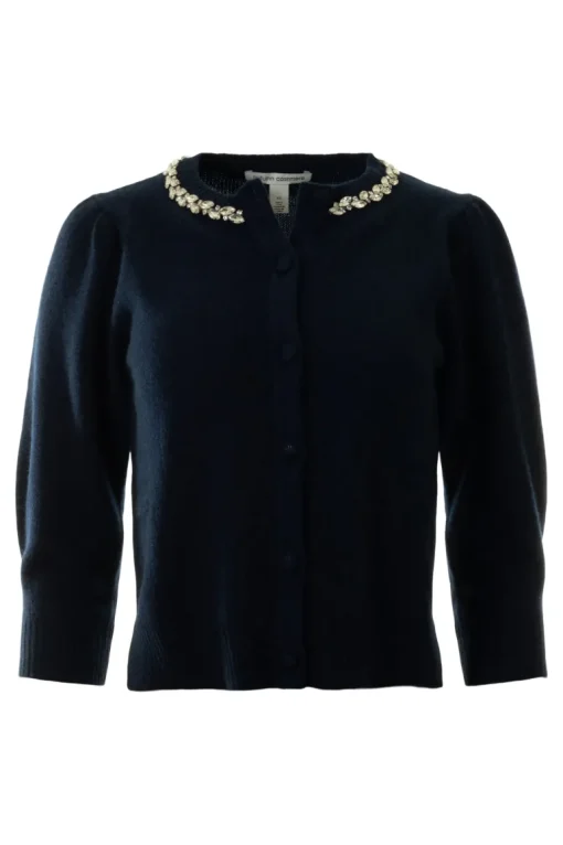 Autumn Cashmere Rhinestone Trimmed Puff Sleeve Cardigan