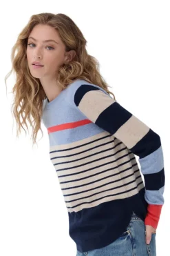 Autumn Cashmere Striped Shirttail Crewneck Sweater in Navy Combo