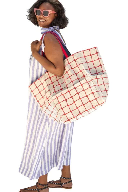 Clare V. Giant Marine Tote in Natural w/ Bright Poppy Net Printed Canvas