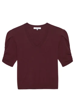 Frame Denim Cashmere Gathered V-neck Sweater in Deep Burgundy