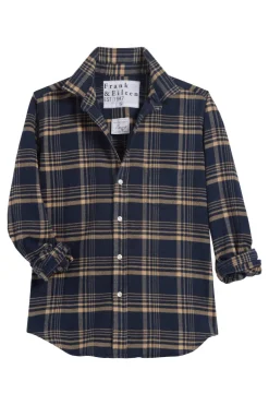 Frank & Eileen Barry Tailored Button Up Shirt in Large Navy, Brown Plaid