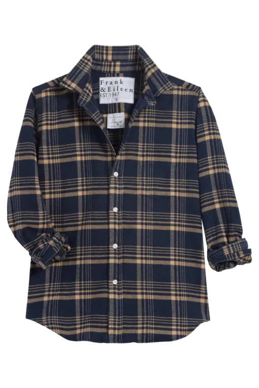 Frank & Eileen Barry Tailored Button Up Shirt in Large Navy, Brown Plaid