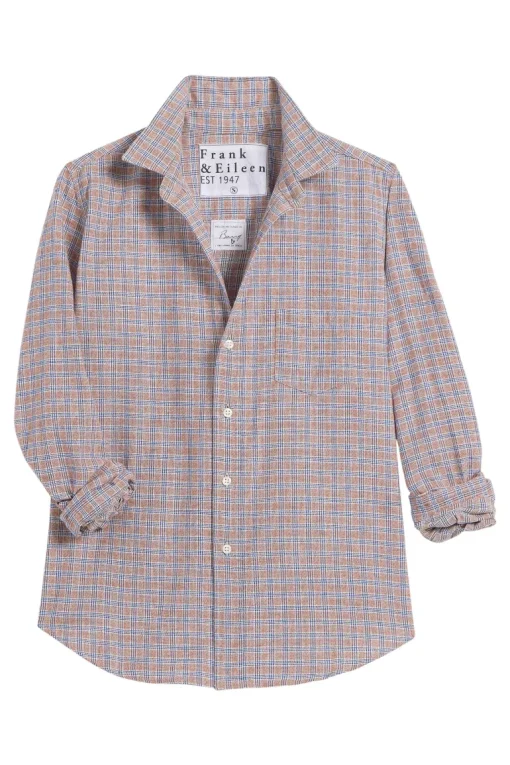 Frank & Eileen Barry Tailored Button Up Shirt in Small Brown, Navy Plaid