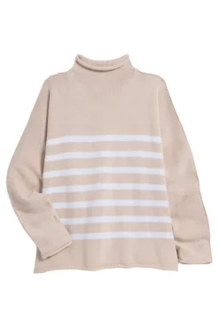 Frank & Eileen Monterey Rolled Funnel Neck Sweater in Vintage Rose with White Stripe
