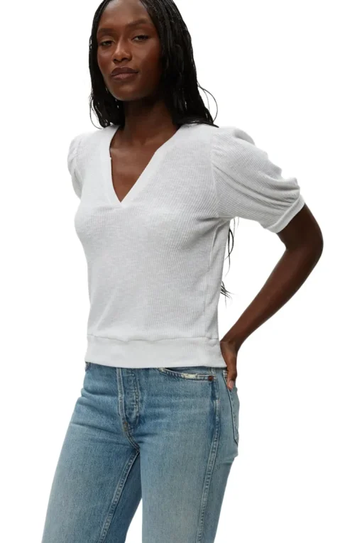 Michael Stars Quinn Puff Sleeve Ribbed Top in White