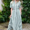 Never A Wallflower Kelli Short Sleeve Maxi Dress Green Stripe