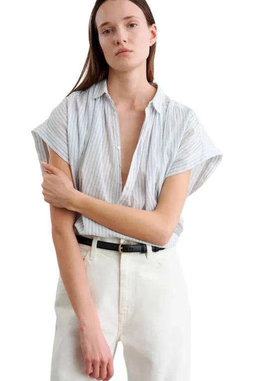 Nili Lotan Normandy Blouse in Ivory Blue Stripes