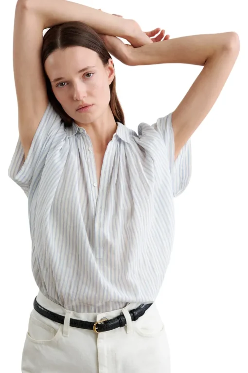 Nili Lotan Normandy Blouse in Ivory Blue Stripes
