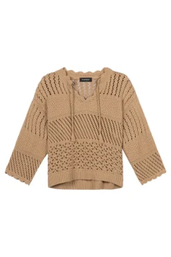 Repeat Cashmere Ajour Cotton Sweater with Crochet Details in Gold