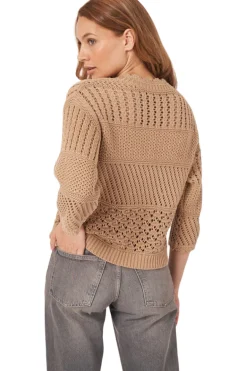 Repeat Cashmere Ajour Cotton Sweater with Crochet Details in Gold