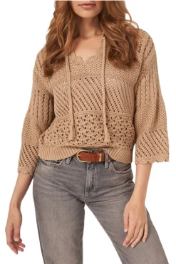Repeat Cashmere Ajour Cotton Sweater with Crochet Details in Gold