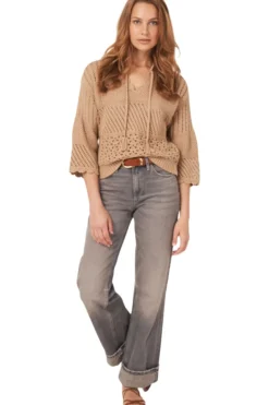 Repeat Cashmere Ajour Cotton Sweater with Crochet Details in Gold