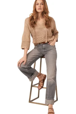 Repeat Cashmere Ajour Cotton Sweater with Crochet Details in Gold