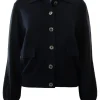 Repeat Cashmere Fine Knit Polo Neck Cardigan in Navy