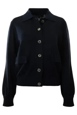 Repeat Cashmere Fine Knit Polo Neck Cardigan in Navy
