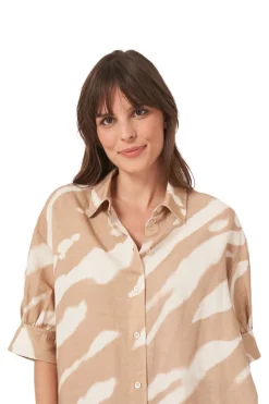 Repeat Cashmere Linen Blend Shirt Dress with Animal Print in Gold