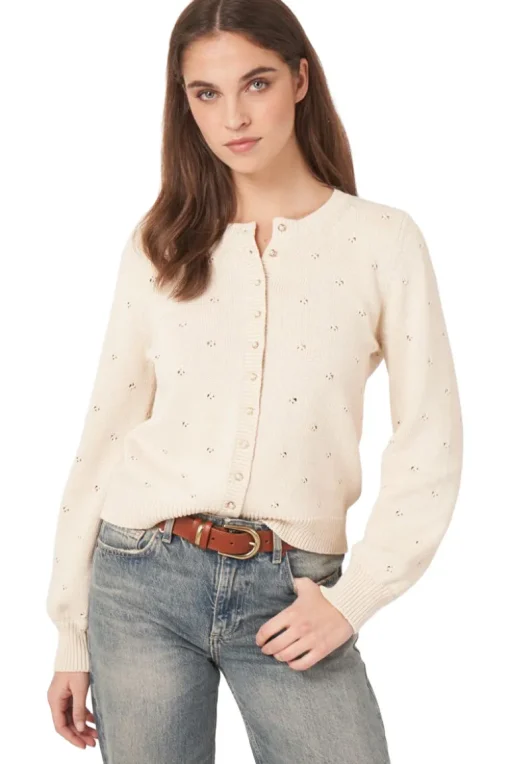Repeat Cashmere Pure Cotton Pointelle Cardigan with Pearl Buttons in Ivory