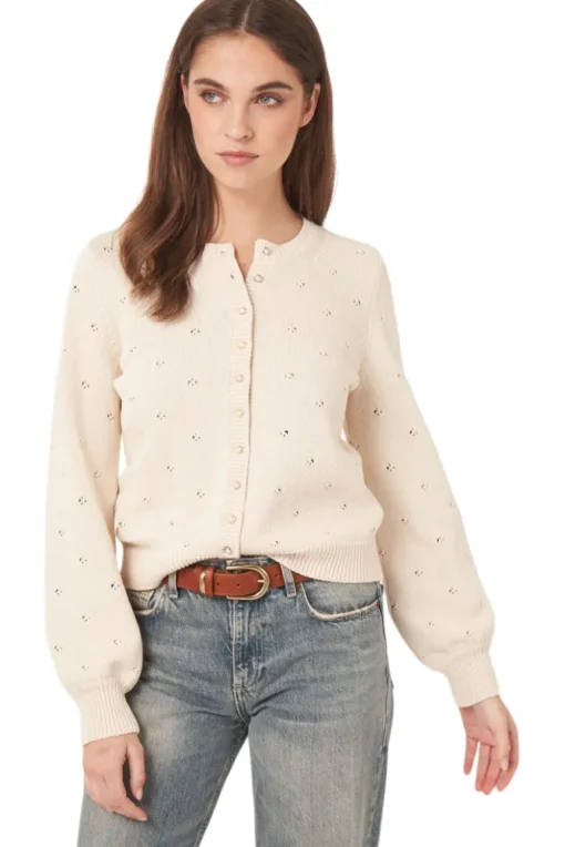 Repeat Cashmere Pure Cotton Pointelle Cardigan with Pearl Buttons in Ivory