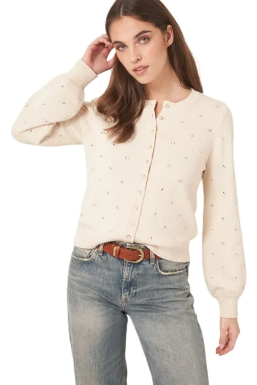 Repeat Cashmere Pure Cotton Pointelle Cardigan with Pearl Buttons in Ivory