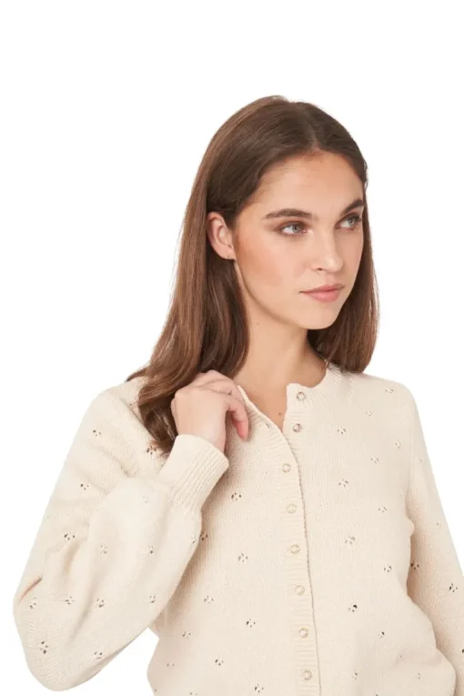 Repeat Cashmere Pure Cotton Pointelle Cardigan with Pearl Buttons in Ivory