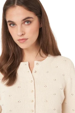 Repeat Cashmere Pure Cotton Pointelle Cardigan with Pearl Buttons in Ivory