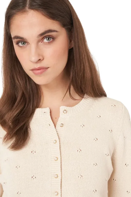Repeat Cashmere Pure Cotton Pointelle Cardigan with Pearl Buttons in Ivory