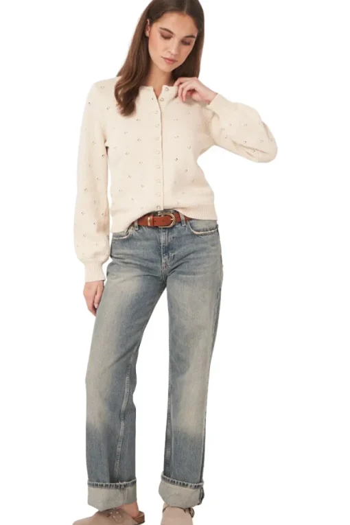 Repeat Cashmere Pure Cotton Pointelle Cardigan with Pearl Buttons in Ivory
