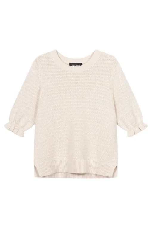 Repeat Cashmere Short Sleeve Cotton Textured Knit Sweater in Ivory