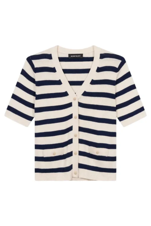 Repeat Cashmere Short Sleeve Rib Knit Striped Cardigan in Ivory