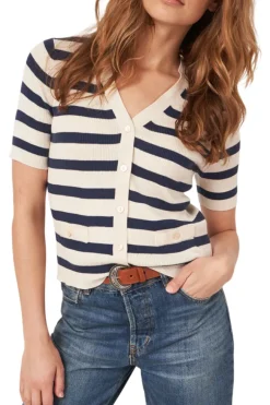 Repeat Cashmere Short Sleeve Rib Knit Striped Cardigan in Ivory