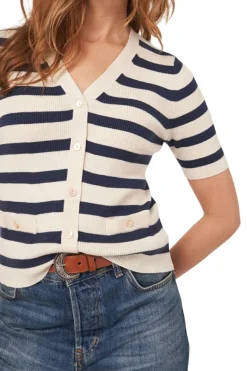 Repeat Cashmere Short Sleeve Rib Knit Striped Cardigan in Ivory