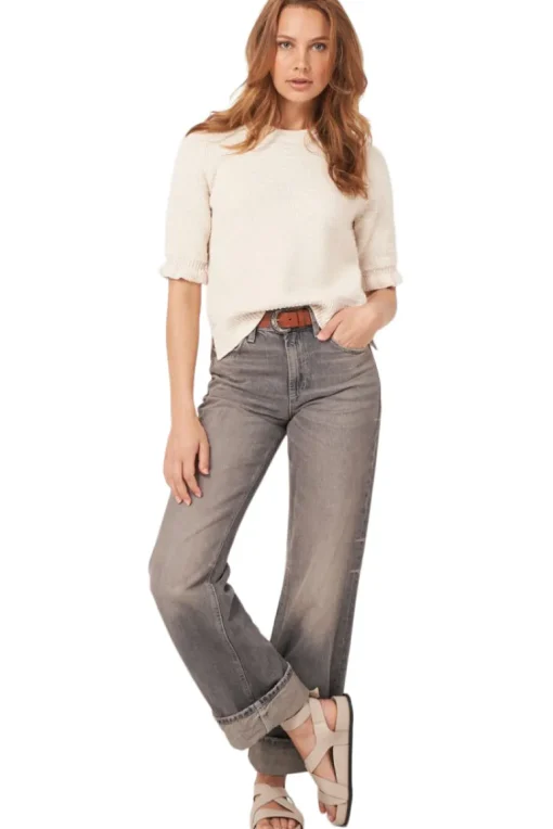 Repeat Cashmere Short Sleeve Cotton Textured Knit Sweater in Ivory