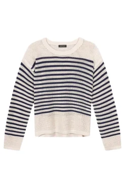 Repeat Cashmere Striped Ajour Sweater in Ivory-Marine