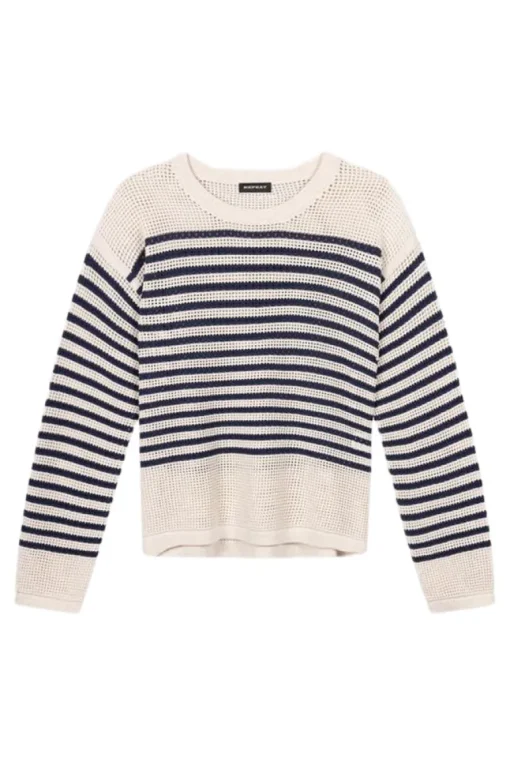 Repeat Cashmere Striped Ajour Sweater in Ivory-Marine