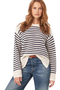 Repeat Cashmere Striped Ajour Sweater in Ivory-Marine