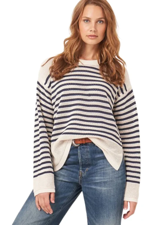 Repeat Cashmere Striped Ajour Sweater in Ivory-Marine
