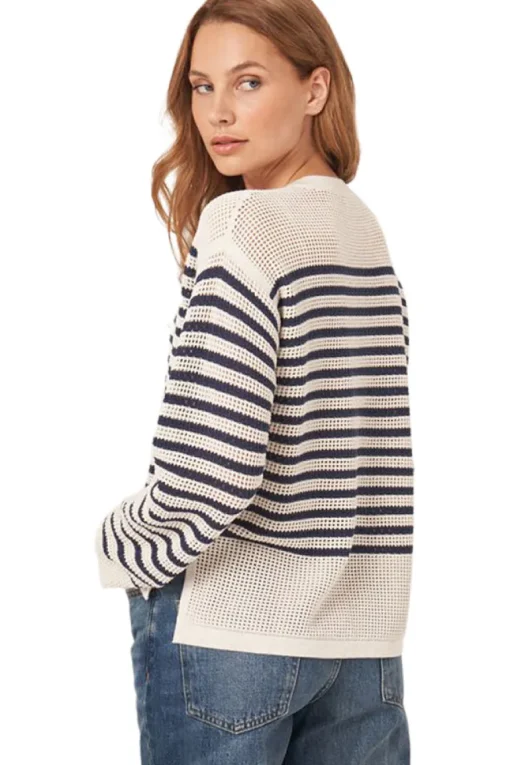 Repeat Cashmere Striped Ajour Sweater in Ivory-Marine