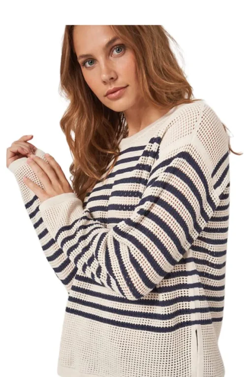 Repeat Cashmere Striped Ajour Sweater in Ivory-Marine