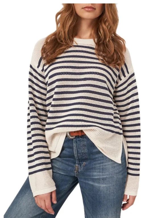Repeat Cashmere Striped Ajour Sweater in Ivory-Marine