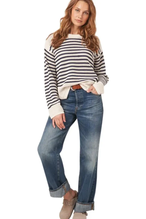 Repeat Cashmere Striped Ajour Sweater in Ivory-Marine