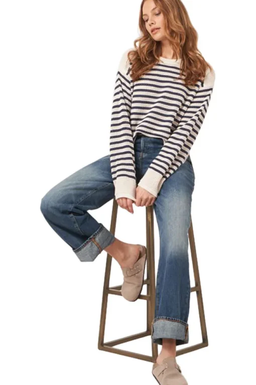 Repeat Cashmere Striped Ajour Sweater in Ivory-Marine